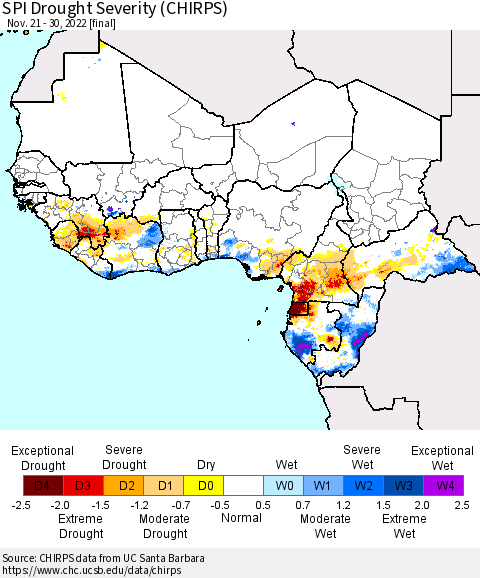 Western Africa SPI Drought Severity (CHIRPS) Thematic Map For 11/21/2022 - 11/30/2022