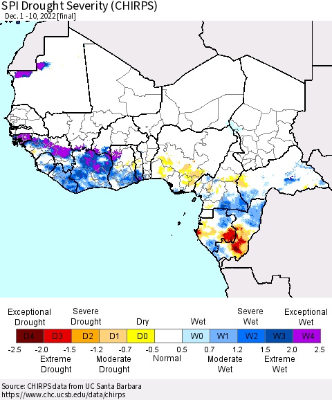 Western Africa SPI Drought Severity (CHIRPS) Thematic Map For 12/1/2022 - 12/10/2022