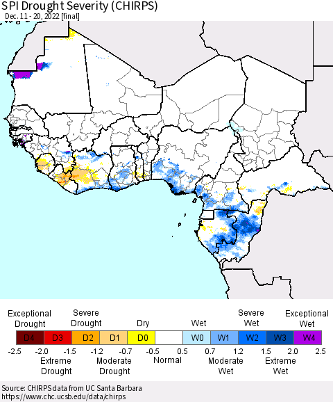 Western Africa SPI Drought Severity (CHIRPS) Thematic Map For 12/11/2022 - 12/20/2022