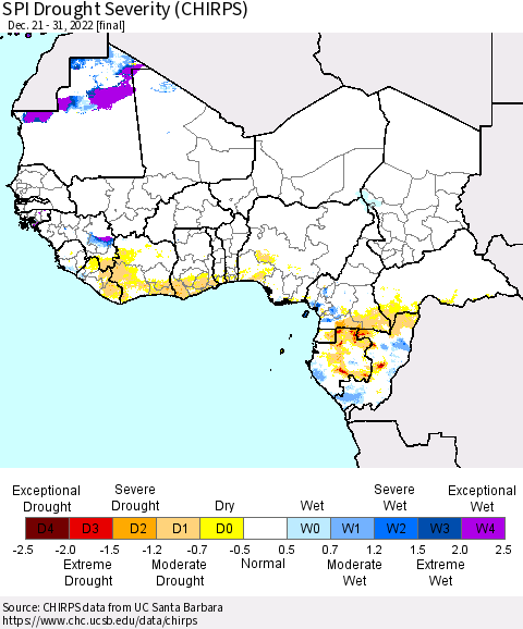 Western Africa SPI Drought Severity (CHIRPS) Thematic Map For 12/21/2022 - 12/31/2022