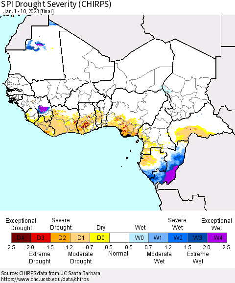 Western Africa SPI Drought Severity (CHIRPS) Thematic Map For 1/1/2023 - 1/10/2023