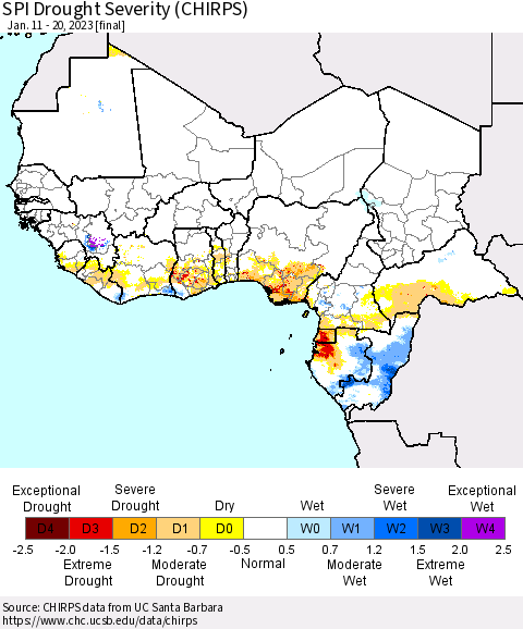 Western Africa SPI Drought Severity (CHIRPS) Thematic Map For 1/11/2023 - 1/20/2023