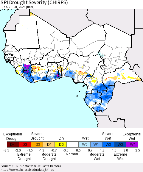 Western Africa SPI Drought Severity (CHIRPS) Thematic Map For 1/21/2023 - 1/31/2023