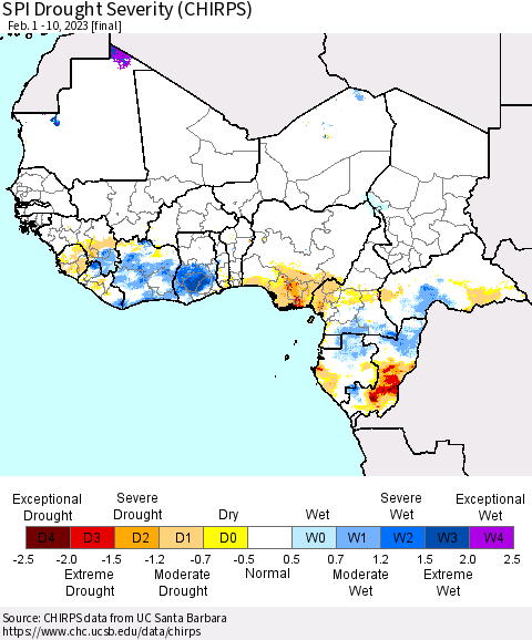 Western Africa SPI Drought Severity (CHIRPS) Thematic Map For 2/1/2023 - 2/10/2023