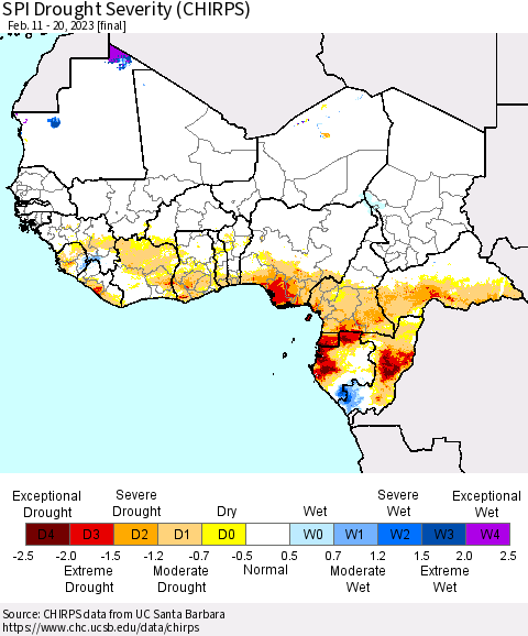 Western Africa SPI Drought Severity (CHIRPS) Thematic Map For 2/11/2023 - 2/20/2023