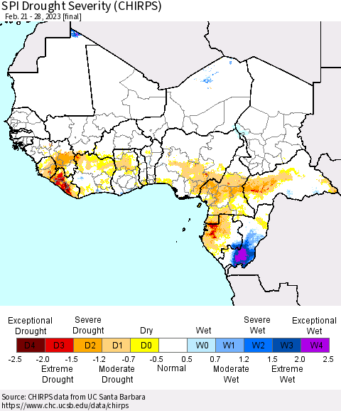 Western Africa SPI Drought Severity (CHIRPS) Thematic Map For 2/21/2023 - 2/28/2023