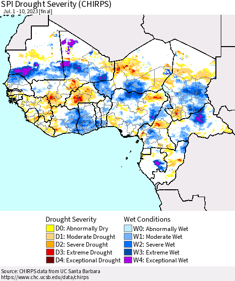 Western Africa SPI Drought Severity (CHIRPS) Thematic Map For 7/1/2023 - 7/10/2023