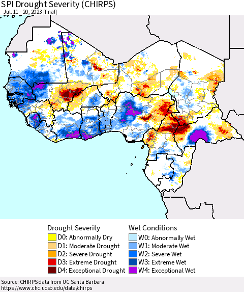 Western Africa SPI Drought Severity (CHIRPS) Thematic Map For 7/11/2023 - 7/20/2023