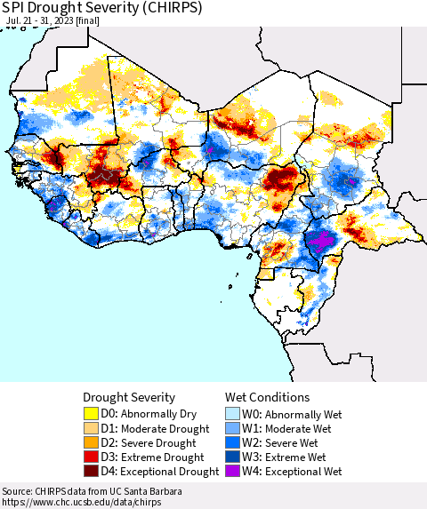 Western Africa SPI Drought Severity (CHIRPS) Thematic Map For 7/21/2023 - 7/31/2023