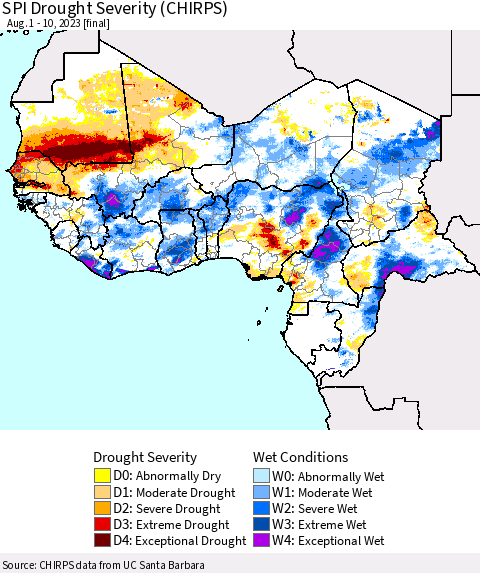 Western Africa SPI Drought Severity (CHIRPS) Thematic Map For 8/1/2023 - 8/10/2023