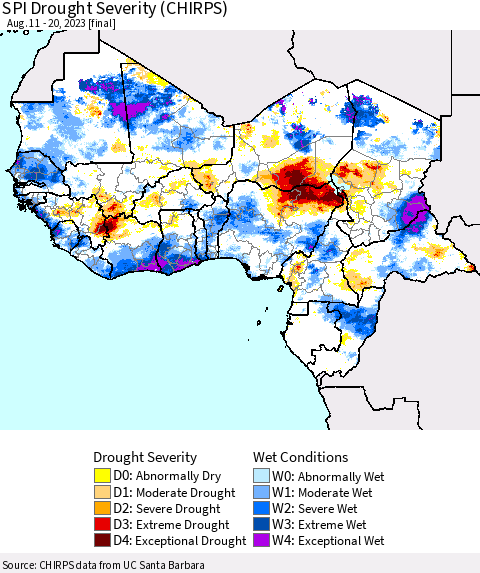 Western Africa SPI Drought Severity (CHIRPS) Thematic Map For 8/11/2023 - 8/20/2023