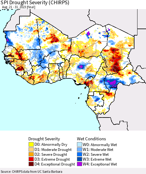 Western Africa SPI Drought Severity (CHIRPS) Thematic Map For 8/21/2023 - 8/31/2023
