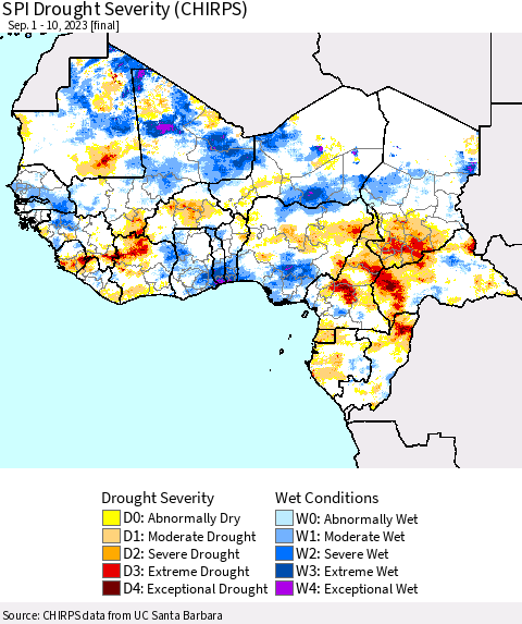 Western Africa SPI Drought Severity (CHIRPS) Thematic Map For 9/1/2023 - 9/10/2023
