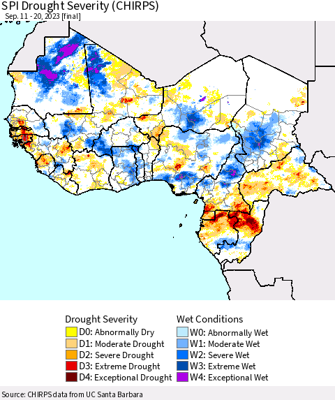 Western Africa SPI Drought Severity (CHIRPS) Thematic Map For 9/11/2023 - 9/20/2023