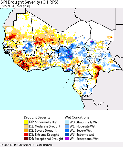 Western Africa SPI Drought Severity (CHIRPS) Thematic Map For 9/21/2023 - 9/30/2023