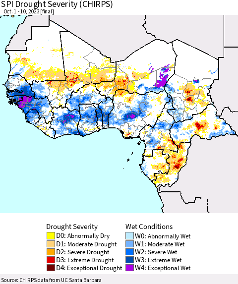 Western Africa SPI Drought Severity (CHIRPS) Thematic Map For 10/1/2023 - 10/10/2023