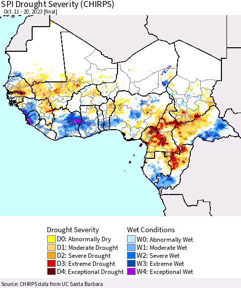 Western Africa SPI Drought Severity (CHIRPS) Thematic Map For 10/11/2023 - 10/20/2023