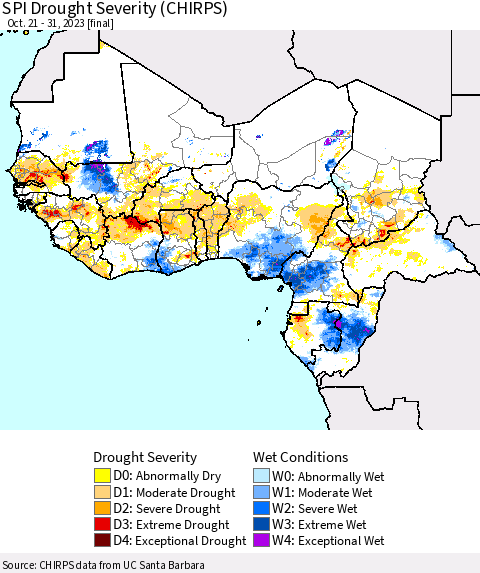 Western Africa SPI Drought Severity (CHIRPS) Thematic Map For 10/21/2023 - 10/31/2023