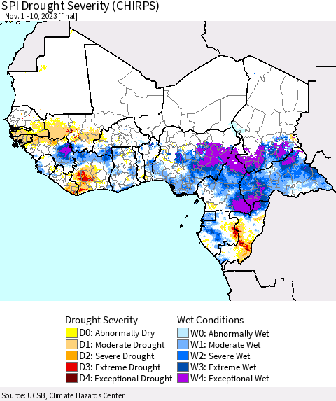 Western Africa SPI Drought Severity (CHIRPS) Thematic Map For 11/1/2023 - 11/10/2023