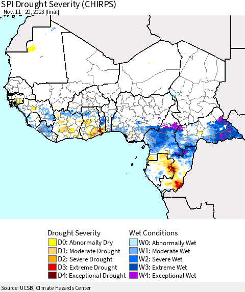 Western Africa SPI Drought Severity (CHIRPS) Thematic Map For 11/11/2023 - 11/20/2023