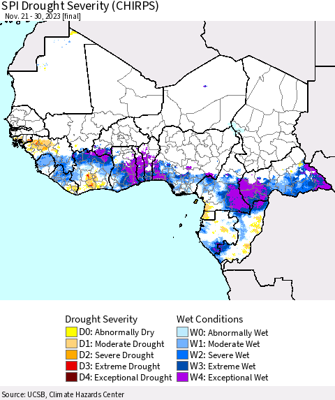 Western Africa SPI Drought Severity (CHIRPS) Thematic Map For 11/21/2023 - 11/30/2023