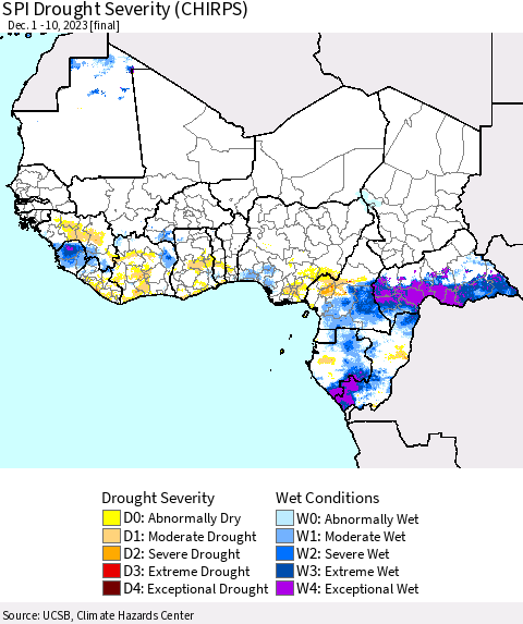 Western Africa SPI Drought Severity (CHIRPS) Thematic Map For 12/1/2023 - 12/10/2023