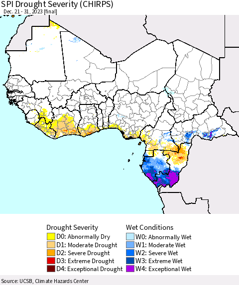 Western Africa SPI Drought Severity (CHIRPS) Thematic Map For 12/21/2023 - 12/31/2023