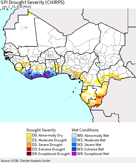 Western Africa SPI Drought Severity (CHIRPS) Thematic Map For 1/1/2024 - 1/10/2024