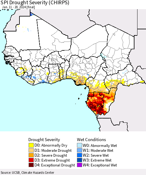 Western Africa SPI Drought Severity (CHIRPS) Thematic Map For 1/11/2024 - 1/20/2024