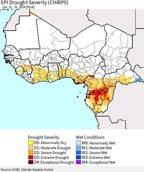 Western Africa SPI Drought Severity (CHIRPS) Thematic Map For 1/21/2024 - 1/31/2024