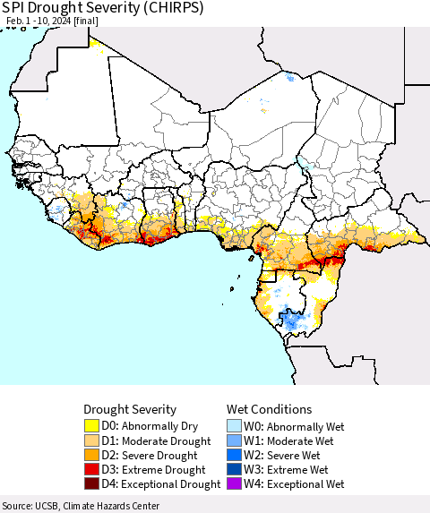 Western Africa SPI Drought Severity (CHIRPS) Thematic Map For 2/1/2024 - 2/10/2024