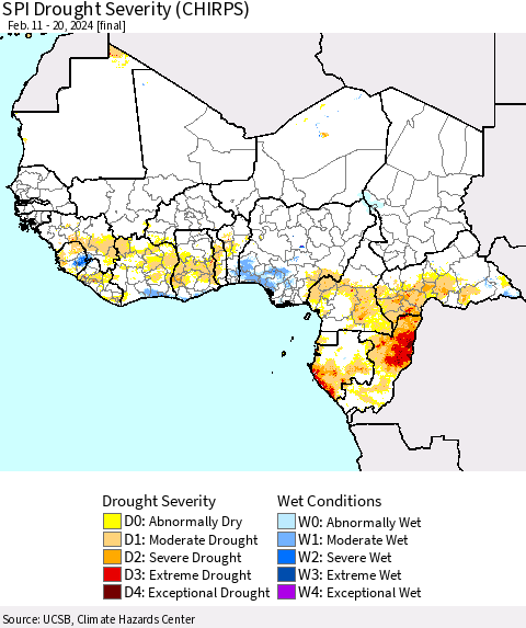 Western Africa SPI Drought Severity (CHIRPS) Thematic Map For 2/11/2024 - 2/20/2024