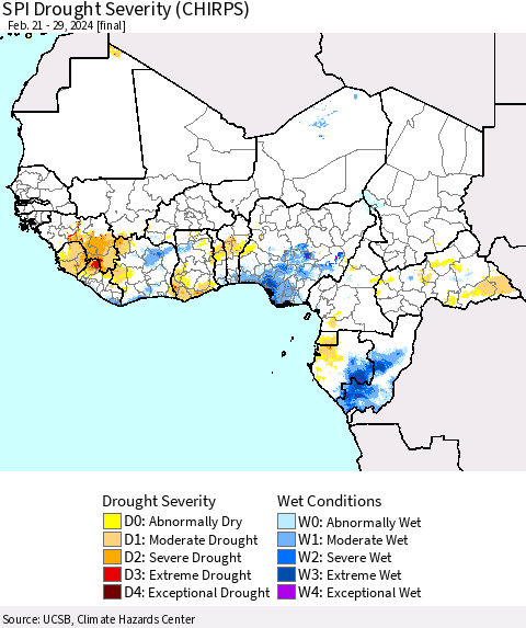 Western Africa SPI Drought Severity (CHIRPS) Thematic Map For 2/21/2024 - 2/29/2024