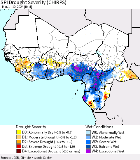 Western Africa SPI Drought Severity (CHIRPS) Thematic Map For 3/1/2024 - 3/10/2024
