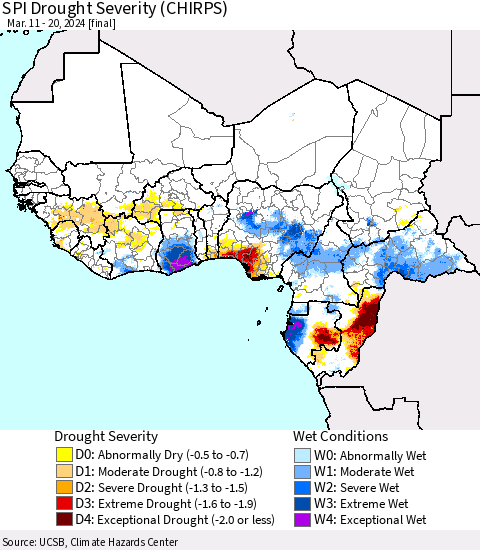 Western Africa SPI Drought Severity (CHIRPS) Thematic Map For 3/11/2024 - 3/20/2024