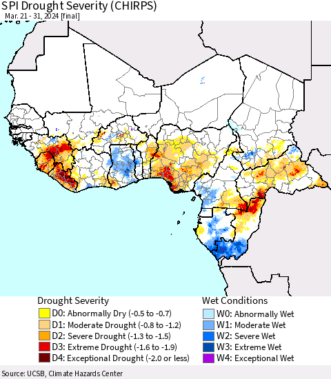 Western Africa SPI Drought Severity (CHIRPS) Thematic Map For 3/21/2024 - 3/31/2024