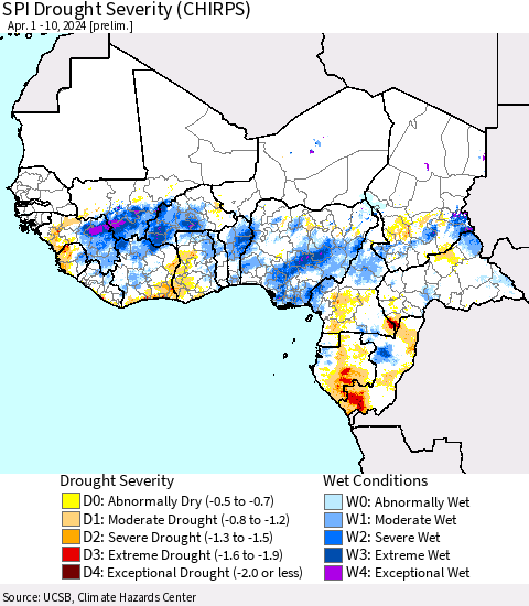 Western Africa SPI Drought Severity (CHIRPS) Thematic Map For 4/1/2024 - 4/10/2024