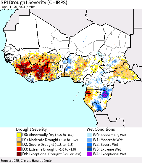 Western Africa SPI Drought Severity (CHIRPS) Thematic Map For 4/11/2024 - 4/20/2024