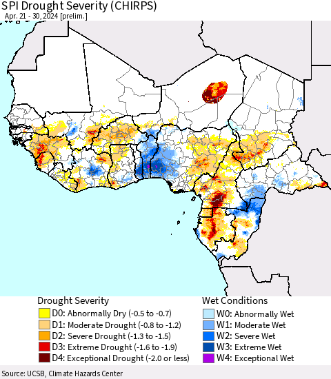 Western Africa SPI Drought Severity (CHIRPS) Thematic Map For 4/21/2024 - 4/30/2024