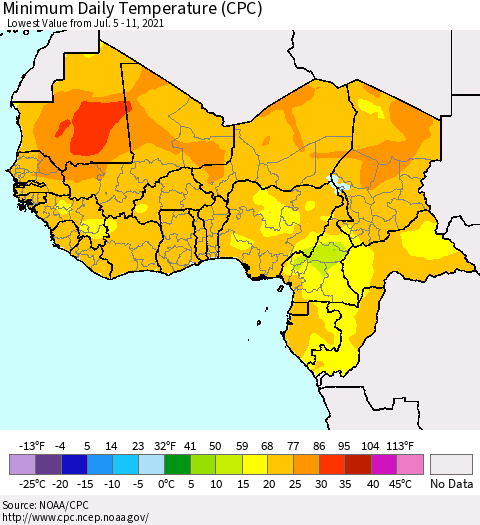 Western Africa Minimum Daily Temperature (CPC) Thematic Map For 7/5/2021 - 7/11/2021