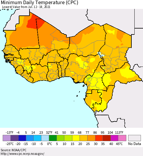 Western Africa Minimum Daily Temperature (CPC) Thematic Map For 7/12/2021 - 7/18/2021