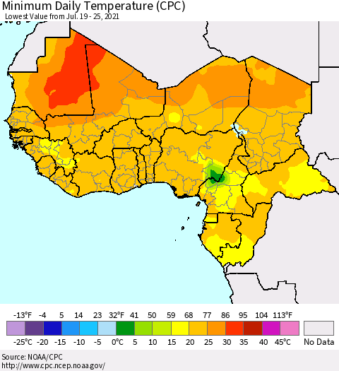 Western Africa Minimum Daily Temperature (CPC) Thematic Map For 7/19/2021 - 7/25/2021