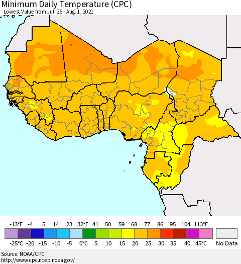 Western Africa Minimum Daily Temperature (CPC) Thematic Map For 7/26/2021 - 8/1/2021