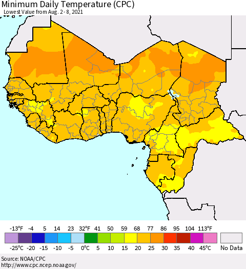 Western Africa Minimum Daily Temperature (CPC) Thematic Map For 8/2/2021 - 8/8/2021