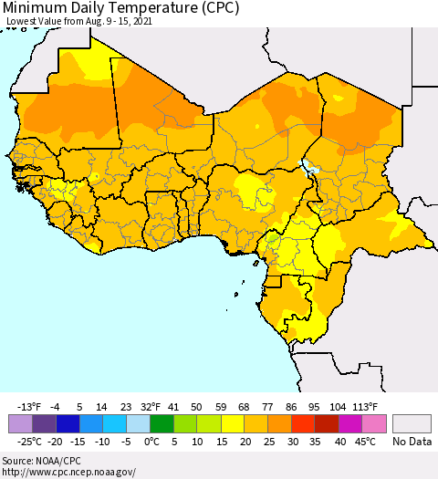 Western Africa Minimum Daily Temperature (CPC) Thematic Map For 8/9/2021 - 8/15/2021