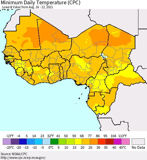 Western Africa Minimum Daily Temperature (CPC) Thematic Map For 8/16/2021 - 8/22/2021