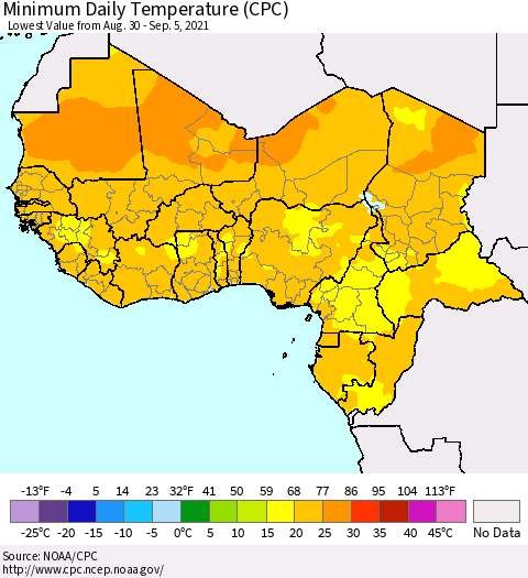 Western Africa Minimum Daily Temperature (CPC) Thematic Map For 8/30/2021 - 9/5/2021