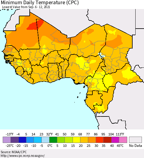 Western Africa Minimum Daily Temperature (CPC) Thematic Map For 9/6/2021 - 9/12/2021