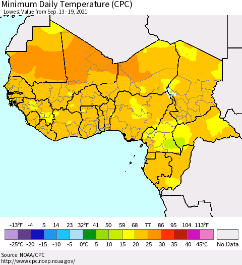 Western Africa Minimum Daily Temperature (CPC) Thematic Map For 9/13/2021 - 9/19/2021
