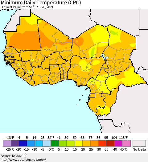 Western Africa Minimum Daily Temperature (CPC) Thematic Map For 9/20/2021 - 9/26/2021